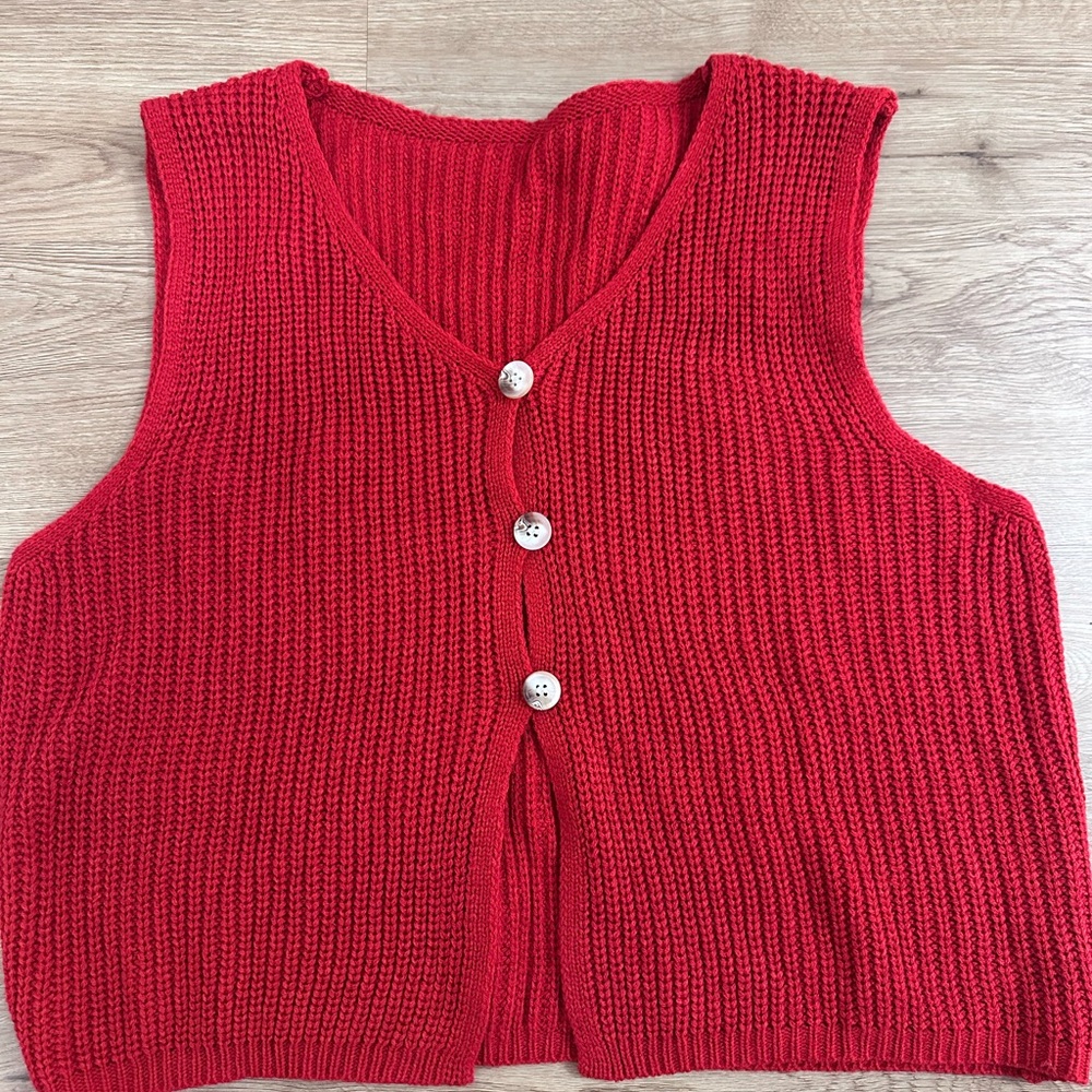 Red Knit Button-Up Vest